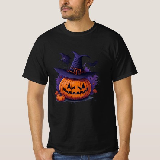 halloween pumpkin with a witch hat t-shirt (Voorkant)
