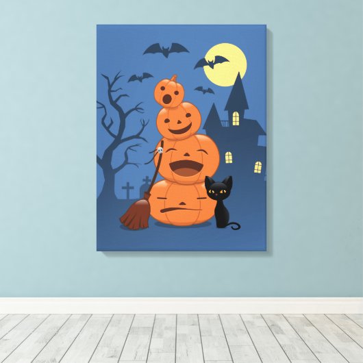 Halloween Pumpkins and Black Cat Canvas Afdruk (Insitu (Houten vloer))