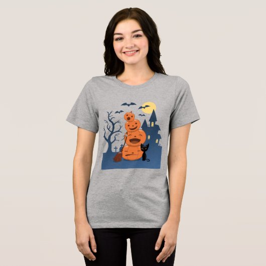 Halloween Pumpkins and Black Cat Tri-Blend Shirt (Voorkant volledig)