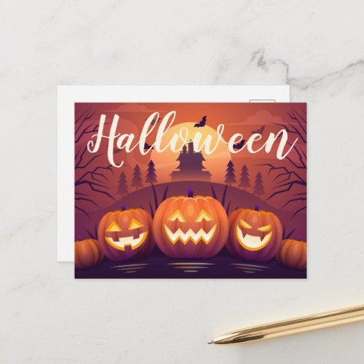 Halloween Pumpkins and Haunted House Briefkaart (Voorkant / Achterkant in situ)