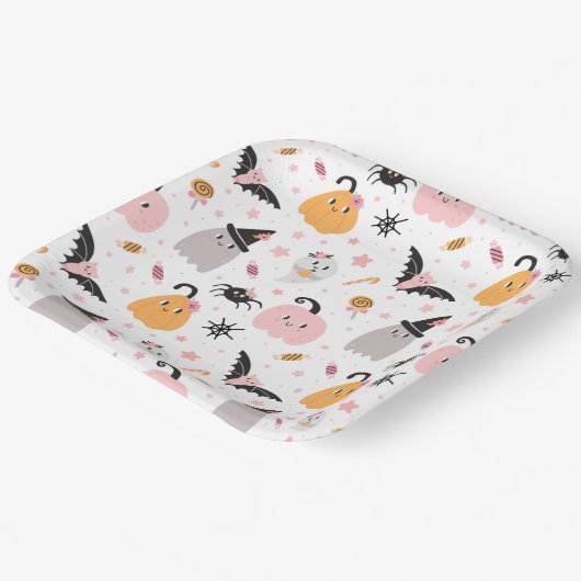 Halloween Pumpkins, Bats, Ghost, Spiders en Snoep Papieren Bordje (Gebogen)