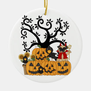 Halloween Pumpkins, Black Birds and Pug Dog Keramisch Ornament