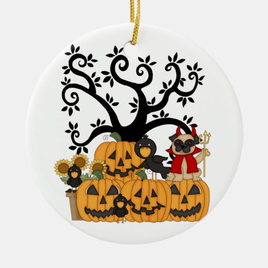 Halloween Pumpkins, Black Birds and Pug Dog Keramisch Ornament (Voorkant)