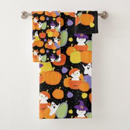 Halloween Pumpkins Cats and Ghosts Colorful Patt Bad Handdoek