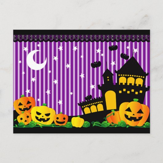 Halloween Pumpkins, Haunted House en Bats Briefkaart (Voorkant)