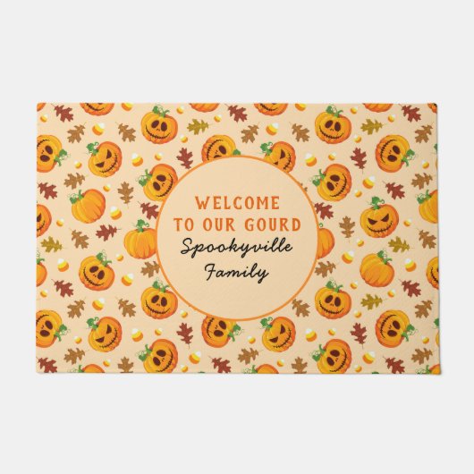 Halloween Pumpkins Welkom op onze Gourd Add Name Deurmat (Voorkant)