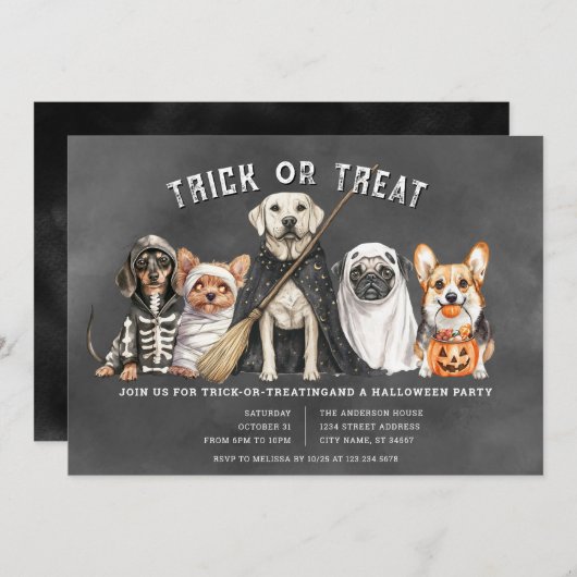 Halloween Puppies Uitnodiging voor Trick or Treat (Voorkant / Achterkant)