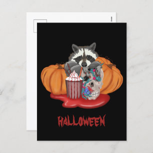 Halloween Raccoon met schedel en pompoenen Feestdagenkaart