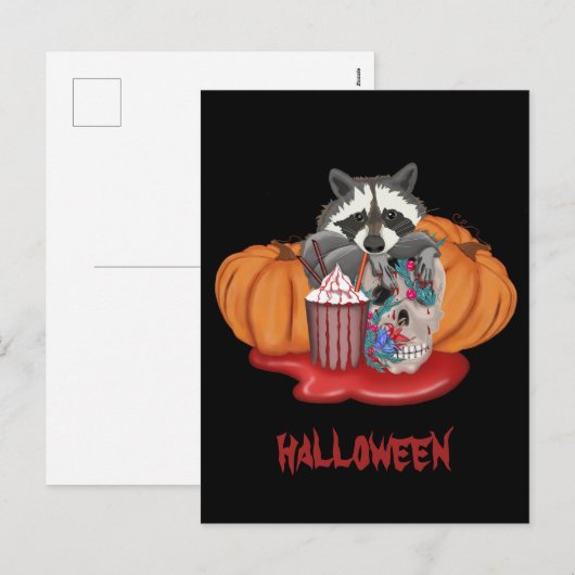 Halloween Raccoon met schedel en pompoenen Feestdagenkaart (Voorkant / Achterkant)