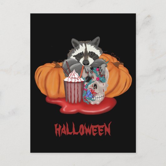 Halloween Raccoon met schedel en pompoenen Feestdagenkaart (Voorkant)