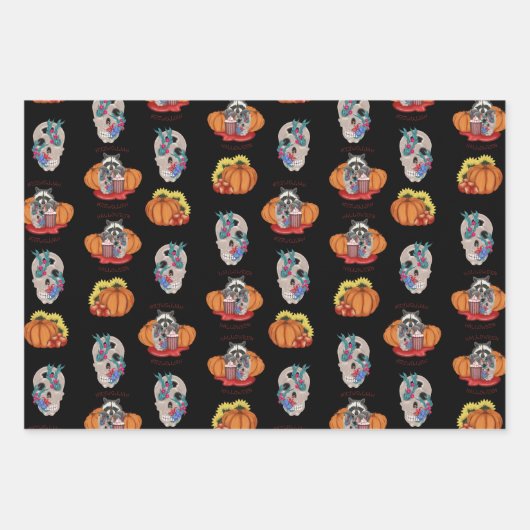 Halloween Raccoon met schedel en pompoenen Inpakpapier Vel (Voorkant)