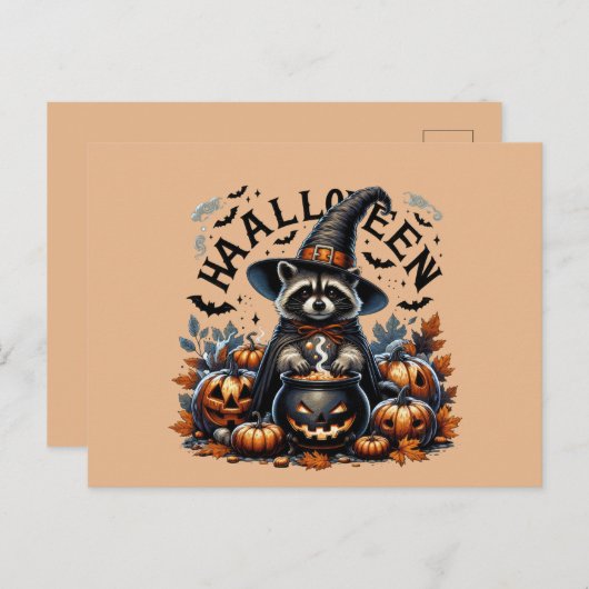  Halloween Raccoon Witch with Pumpkin Cauldron Feestdagenkaart (Voorkant / Achterkant)