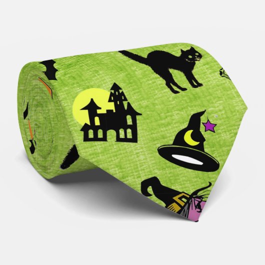 Halloween Random Iconic Pattern Green BG Stropdas (Opgerold)