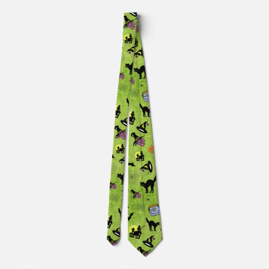 Halloween Random Iconic Pattern Green BG Stropdas (Achterkant)