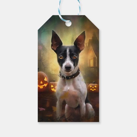 Halloween Rat Terrier met pompoenen eng Cadeaulabel (Achterkant)