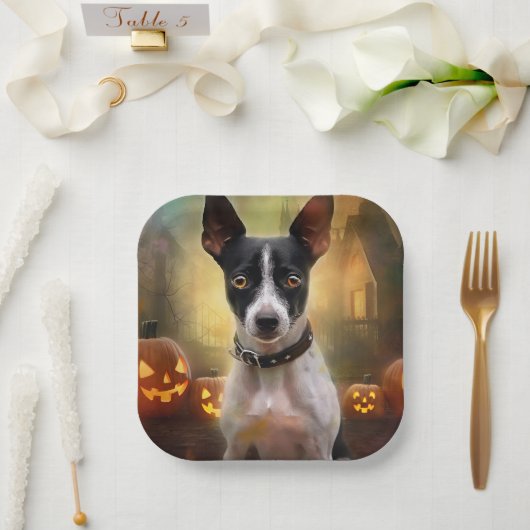Halloween Rat Terrier met pompoenen eng Papieren Bordje (Huwelijk)