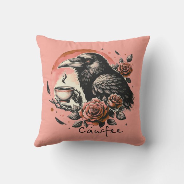Halloween Raven Crow Koffie Rozen Roze Sinaasappel Kussen (Achterkant)
