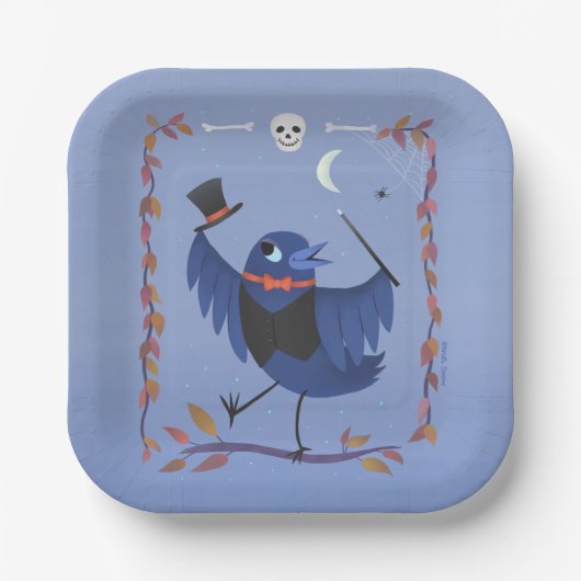 Halloween Raven Crow Moon Blue Papieren Bordje (Voorkant)