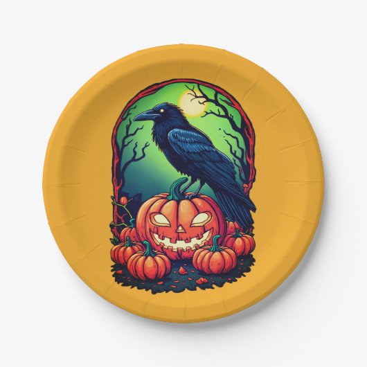 Halloween Raven in een pompoen patch Papieren Bordje (Voorkant)