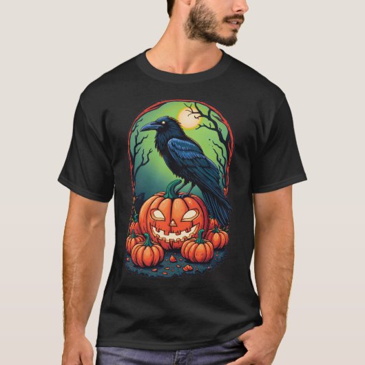 Halloween Raven in een pompoen patch T-shirt (Voorkant)