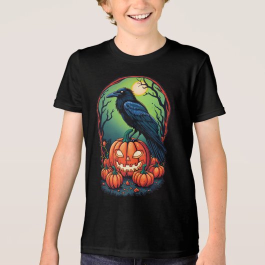 Halloween Raven in een pompoen patch Tri-Blend Shirt (Voorkant)