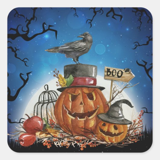 Halloween Raven Pumpkin Party Vierkante Sticker (Voorkant)