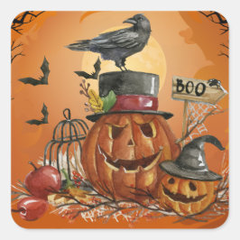 Halloween Raven Pumpkin Party Vierkante Sticker