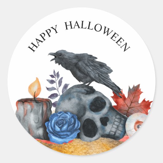 Halloween raven schedel oogbal waterverf ronde sticker (Voorkant)