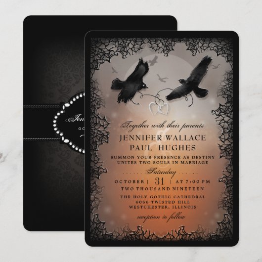 Halloween Ravens en Harten Trouwen samen met Kaart (Voorkant / Achterkant)
