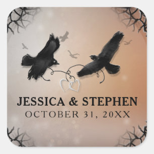 Halloween Ravens met harten bruiloft plein Vierkante Sticker