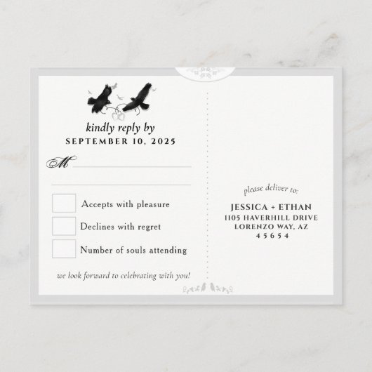 Halloween Ravens Wedding RSVP Briefkaart (Achterkant)