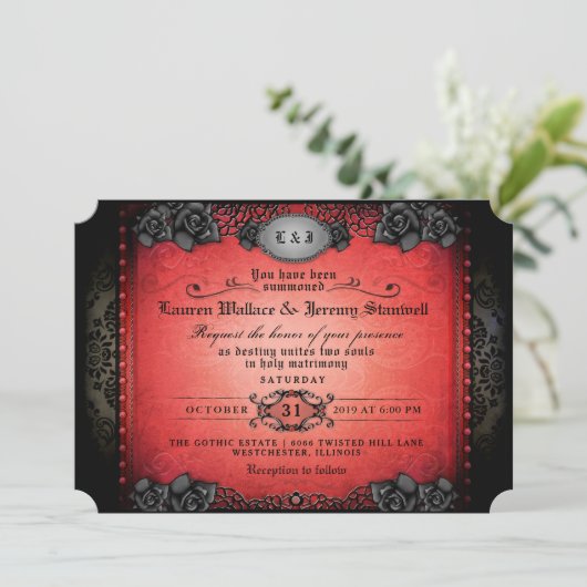 Halloween Red & Black Gothic Wedding RecEPING Kaart (Staand voorkant)