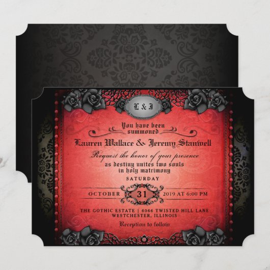 Halloween Red en Black Rozen Gothic Wedding Invite Kaart (Voorkant / Achterkant)