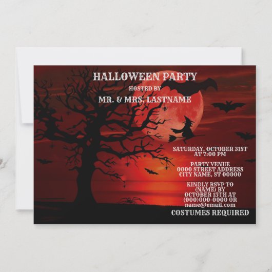 Halloween Red Full Moon Black Tree Witch Bat Scary Kaart (Achterkant)