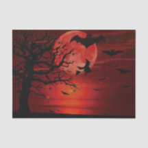 Halloween Red Full Moon Black Tree Witch Bat Scary