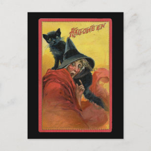 Halloween Red Witch & Black Cat  Briefkaart