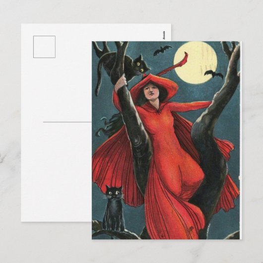 Halloween Red Witch & Black Cat  Feestdagenkaart (Voorkant / Achterkant)