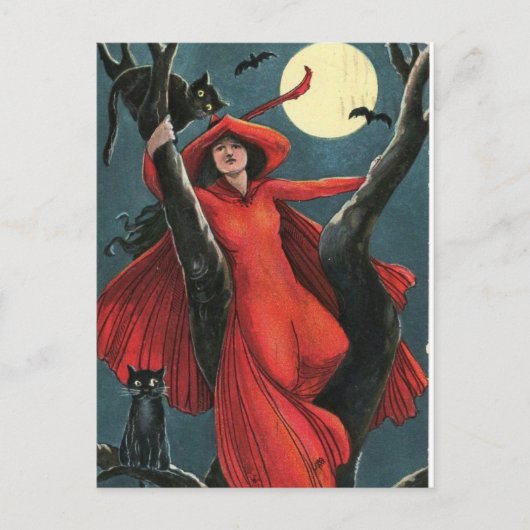 Halloween Red Witch & Black Cat  Feestdagenkaart (Voorkant)