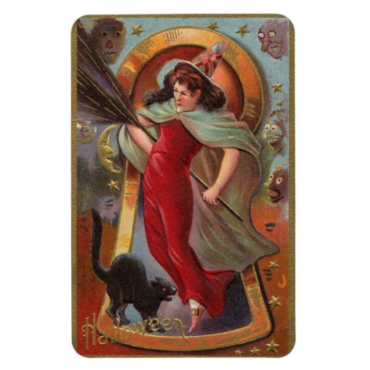 Halloween Red Witch & Black Cat Magneet (Verticaal)