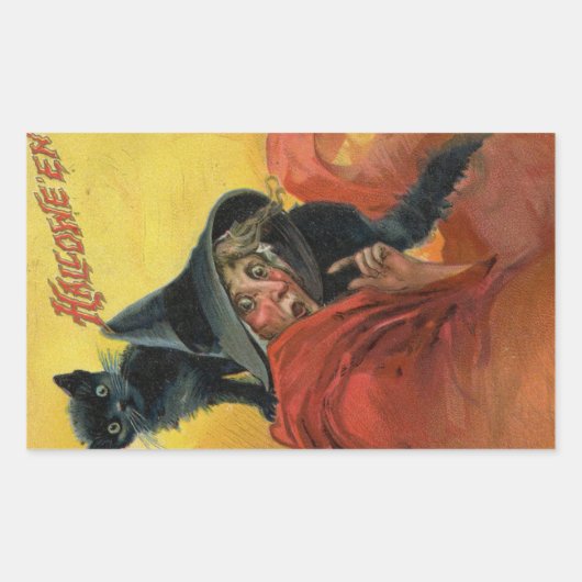 Halloween Red Witch & Black Cat  Rechthoekige Sticker (Voorkant)
