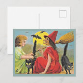  Halloween Red Witch met vleermuizen en zwarte kat Briefkaart (Voorkant / Achterkant)