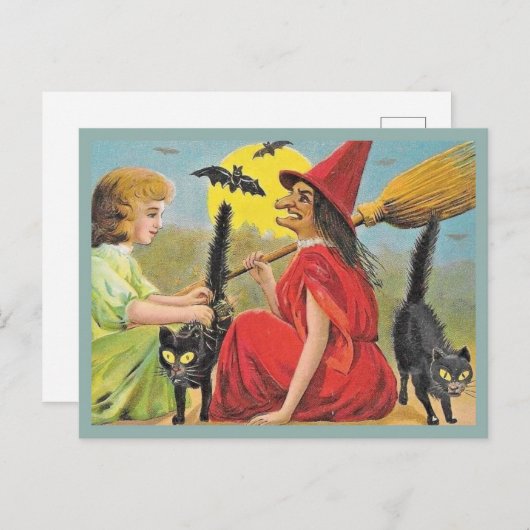 Halloween Red Witch met vleermuizen en zwarte kat Briefkaart (Voorkant / Achterkant)