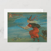 Halloween Red Witch op Broom Black Cat  Briefkaart (Voorkant / Achterkant)