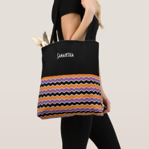 Halloween Retro 1950s Chevron Black Oranje naam Tote Bag