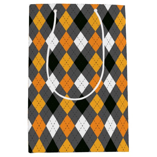 Halloween Retro Argyle Oranje Zwart wit Medium Cadeauzakje (Voorkant)