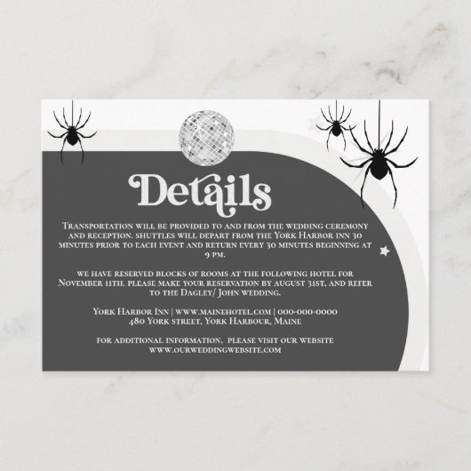 Halloween Retro Disco Spinnen Bruiloft Details Informatiekaartje (Voorkant)