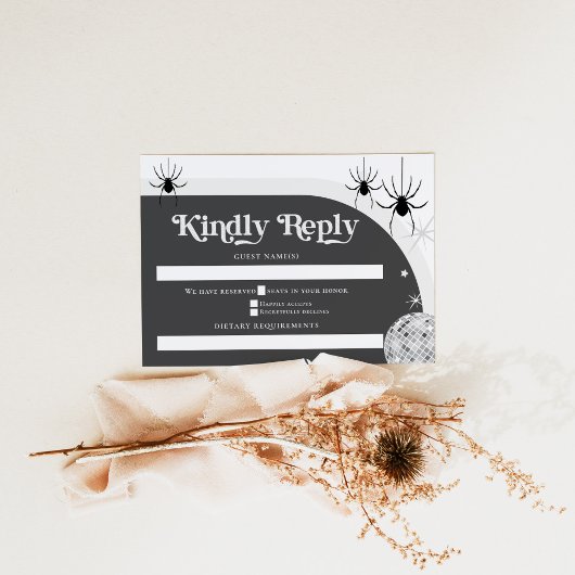 Halloween Retro Disco Spinnen & Disco Bal Bruiloft RSVP Kaartje