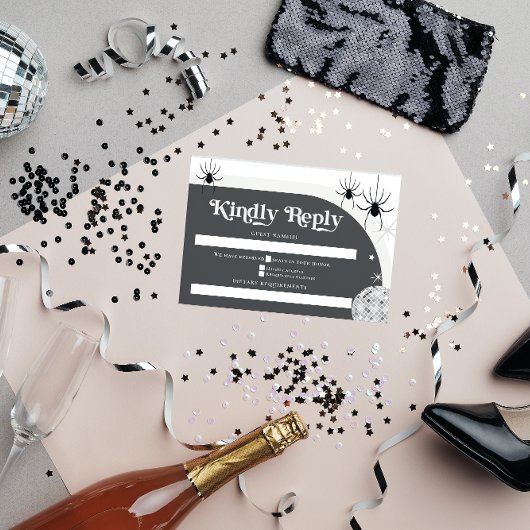 Halloween Retro Disco Spinnen & Disco Bal Bruiloft RSVP Kaartje