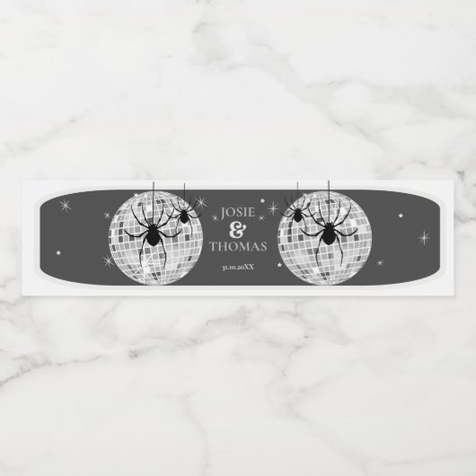 Halloween Retro Disco Spinnen & Disco Bal Bruiloft Waterfles Etiket (Enkel label)