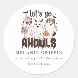 Halloween Retro Ghosts Let's Go Ghouls Adres Ronde Sticker